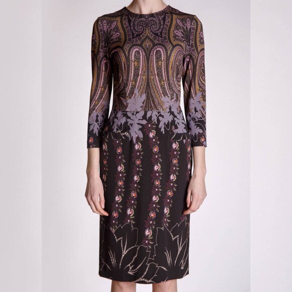 Etro Purple & Black Paisley & Floral Jersey Midi Dress - Picture 1 of 11